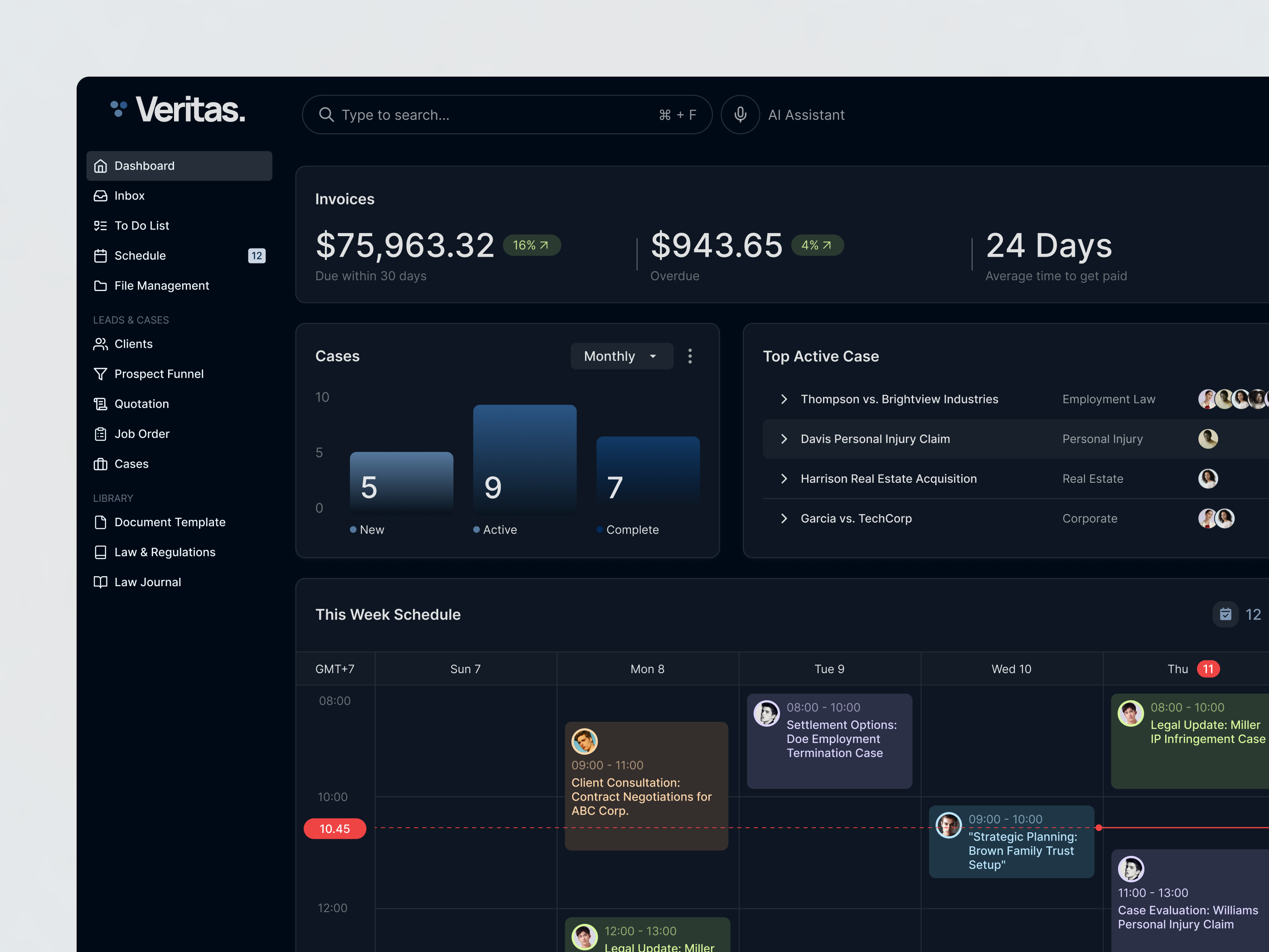 Veritas - Lawyer CRM Website analytics dashboard chart clean crm dark theme dashboard law management management dashboard minimalist modern product design ui user dashboard ux web app web design