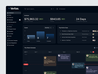 Veritas - Lawyer CRM Website analytics dashboard chart clean crm dark theme dashboard law management management dashboard minimalist modern product design ui user dashboard ux web app web design