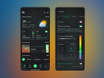 Smart Home App Dashboard with Lighting and Security Control automation dashboarddesign design energyefficiency homeautomation lightingcontrol minimalistdesign mobileappdesign modernui smarthome smarthouse ui uiuxdesign ux