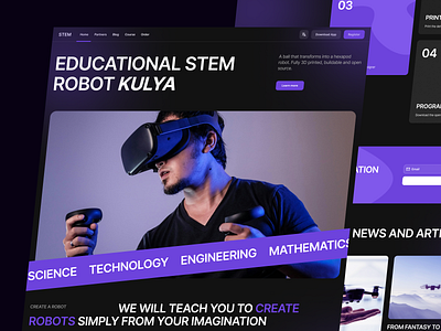 Landing page design for a STEM startup | UkraineRobotics corporate course website dark design drone gaming landing landing page minimal promo promo website purple robot robotics website tech ui ux web website website for drone