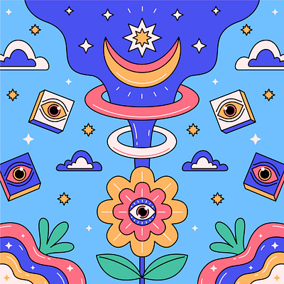 Flower, eyes and moon abstract cartoon character colorful cute design eye flower graphic design illustration moon star vector