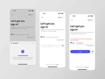 WalletIn - E-Wallet Mobile App [Login Page] clean design e wallet error finance login login with touch id modern money sign in touch id ui ui design user interface ux wallet