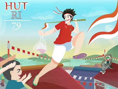 Indonesia independence theme 2d character design fun graphic design hut ri illustration independence indonesia landscape ui vector village