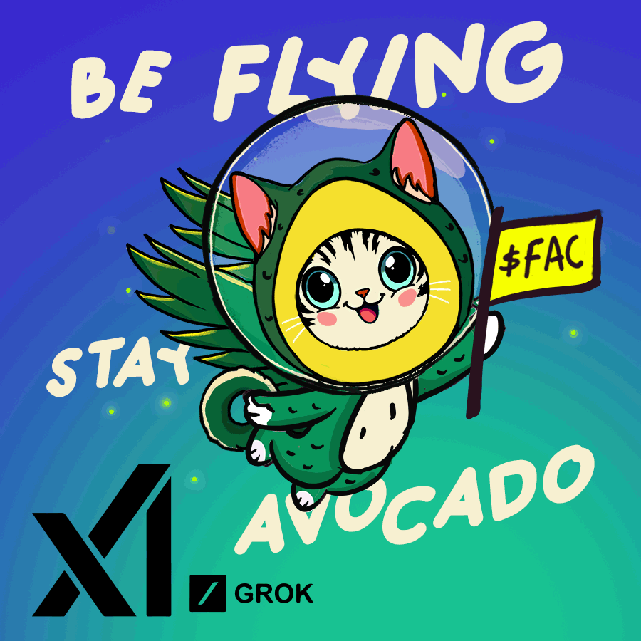 Flying Avocado Cat by Grok xAI ai aritificial inteliggence astronaut avocado cat character design crypto design dibujo draw flag flying gato gif kitten loop motion token xai