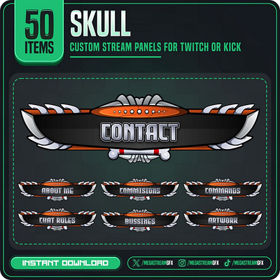 50x Skull Twitch Panels set | Stream Panels skull theme panel