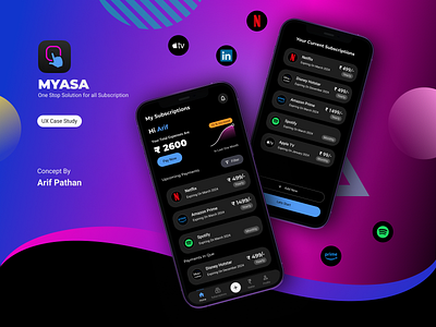 MYSA - One Stop Solution for all Subscription add subscription amazon prime apple tv arif pathan black ui dark ui graphic design linkedin manage management management app mobile app netflix solution subscription subscription app ui ux visual design wallet