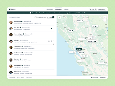 Airbnb-style Consultant search map 🗺️ ai ai design airbnb booking dashboard data filter filtering list management map saas search startup table ui web app