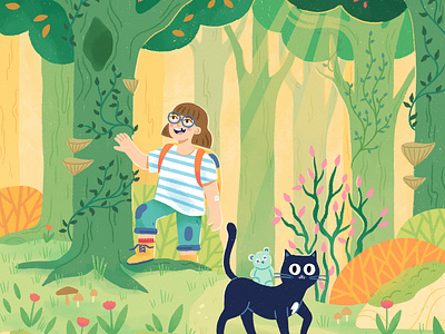 Exploring the Wilderness adventure black cat characters children colorful cute exploring forest illustration kidlit little girl magical nature procreate story trees