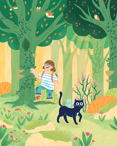 Exploring the Wilderness adventure black cat characters children colorful cute exploring forest illustration kidlit little girl magical nature procreate story trees