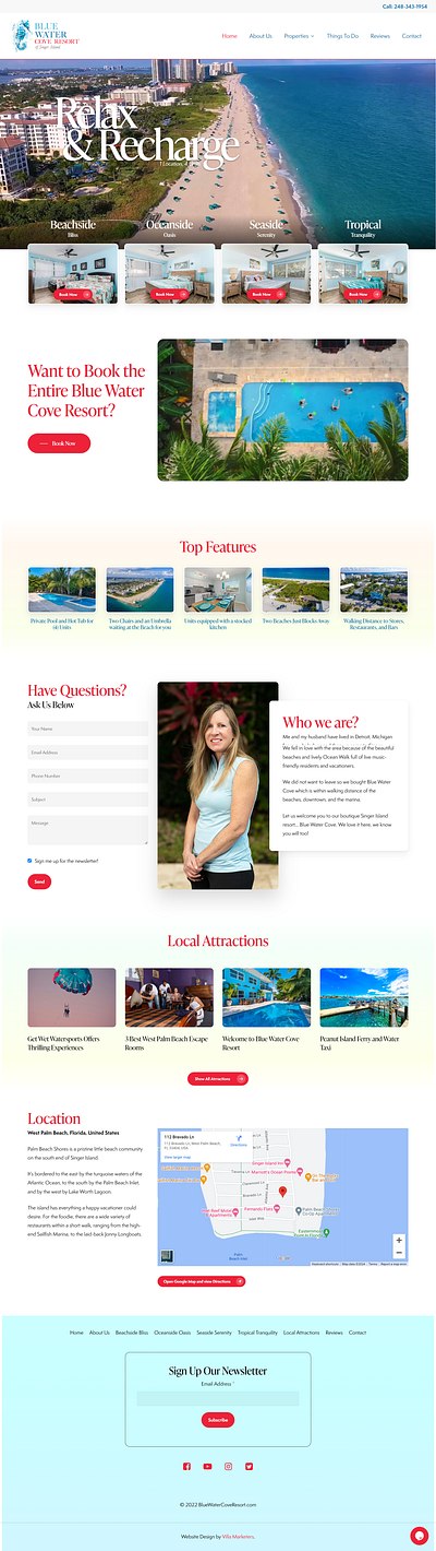 Blue Water Cove Resort typography website design wordpress