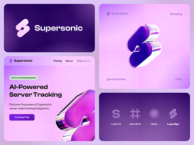 Supersonic AI Branding 3d 3d design 3d glass 3d website 3d website design ai ai branding ai product branding branding design glass design glassmorphism hero section hero section design identity landing page design logo branding logo design purple design