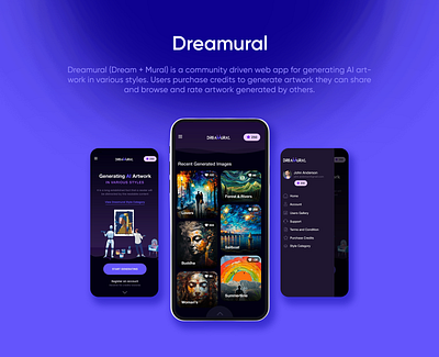 Dreamural is a community driven web app designed by Ansysoft adobe illustrator adobe photoshop ai artwork community creator credits diverse dreamural explore figma share web app