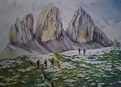 pencil_2 active sport climber climbing color pencil drawing hike hiking hills illustration landscape mountains north outdoor pencil sky snow style tourism winter