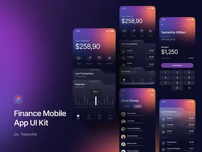 Finance Mobile UI Kit app banking branding clean dark mode dashboard design download figma community finance fintech free mobile stats transactions transfer ui ui kit ux