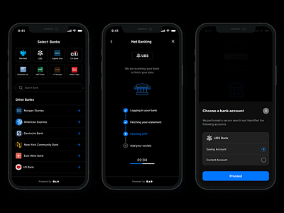 Seamless Bank Integration UI account integration bank banking dark mode details fetching finance financial app fintech minimal design mobile app net banking ubs ui design user interface