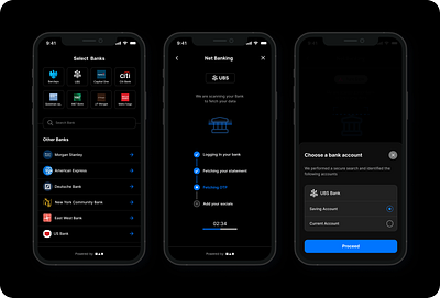 Seamless Bank Integration UI account integration bank banking dark mode details fetching finance financial app fintech minimal design mobile app net banking ubs ui design user interface