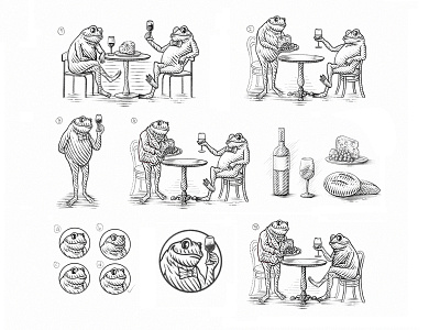 Nouvelle Maison Sketches bakery beverage boulangerie cafe character cheese culinary food etching food frog grapes icons liquor purveyor restaurant scratchboard illustration spirits vintage wine wine and spirits