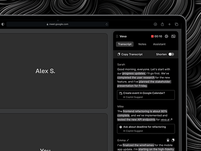 Vexa Assistant for Business Meetings chrome extension dark detailed extension google meet live minimal transcription ui video video call video call transcription zoom