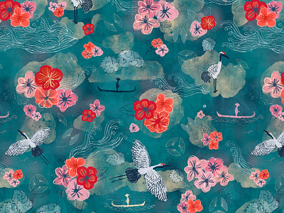 Japan inspired print bird blossom cherry crane design digital illustration floral flower illustration japan japanese kimono pattern surface textile water wave