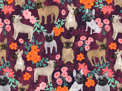 French Bulldog pattern animal bulldog design digital illustration dog floral flower french illustration leaf leaves nature pattern surface textile