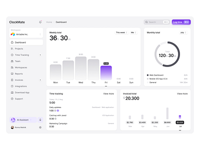Time tracking platform / AI Assistant ai ai assistant charts clients clock dashboard freelance inteligence invoice light management reports time time tracking ui web
