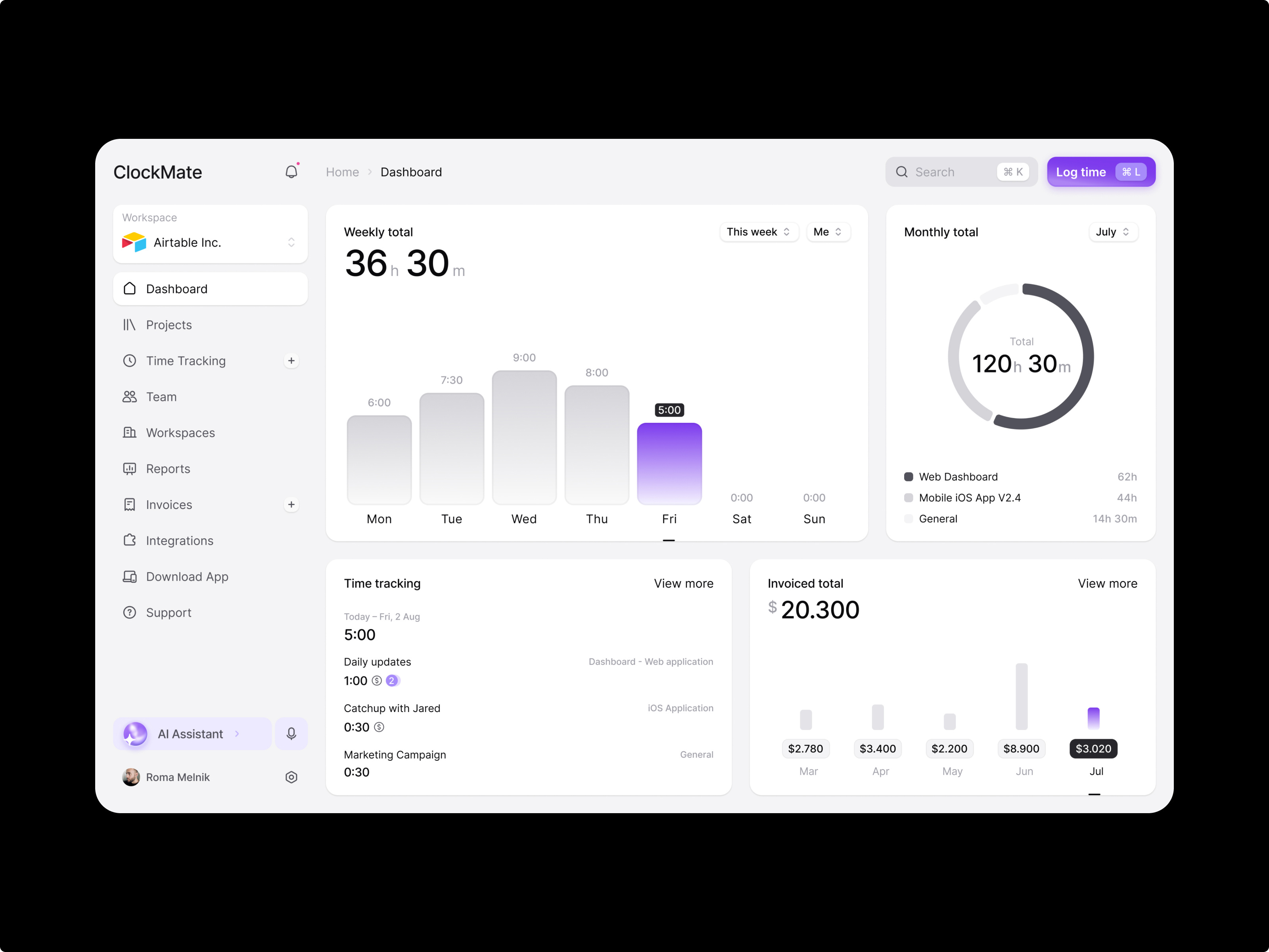 Time tracking platform / AI Assistant ai ai agent ai assistant charts clients clock dashboard freelance inteligence invoice light management reports saas time time tracking ui web