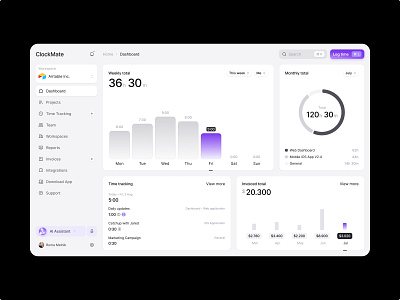 Time tracking platform / AI Assistant ai ai agent ai assistant charts clients clock dashboard freelance inteligence invoice light management reports saas time time tracking ui web