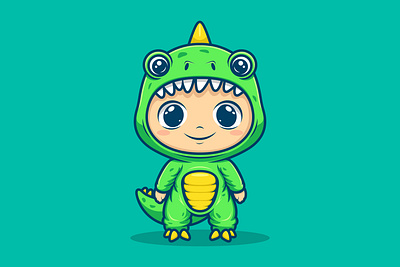 Little Boy Wearing Dino Costume Vector Cartoon Mascot Style art boy branding bussiness costume design dino graphic design halloween illustration logo vector