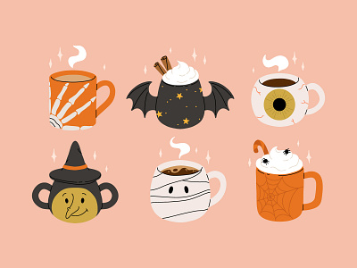 Halloween mugs set 2 autumn bat cartoon character childish cocoa coffee concept cup cute design eye fall flat illustration kids mug mummy vector witch