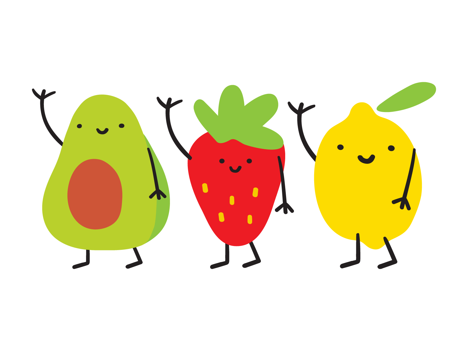 Fruits avocado branding character design flat frsh fruit graphic design icon illustration kid lemon little logo mark mascot strawbeery symbol ui