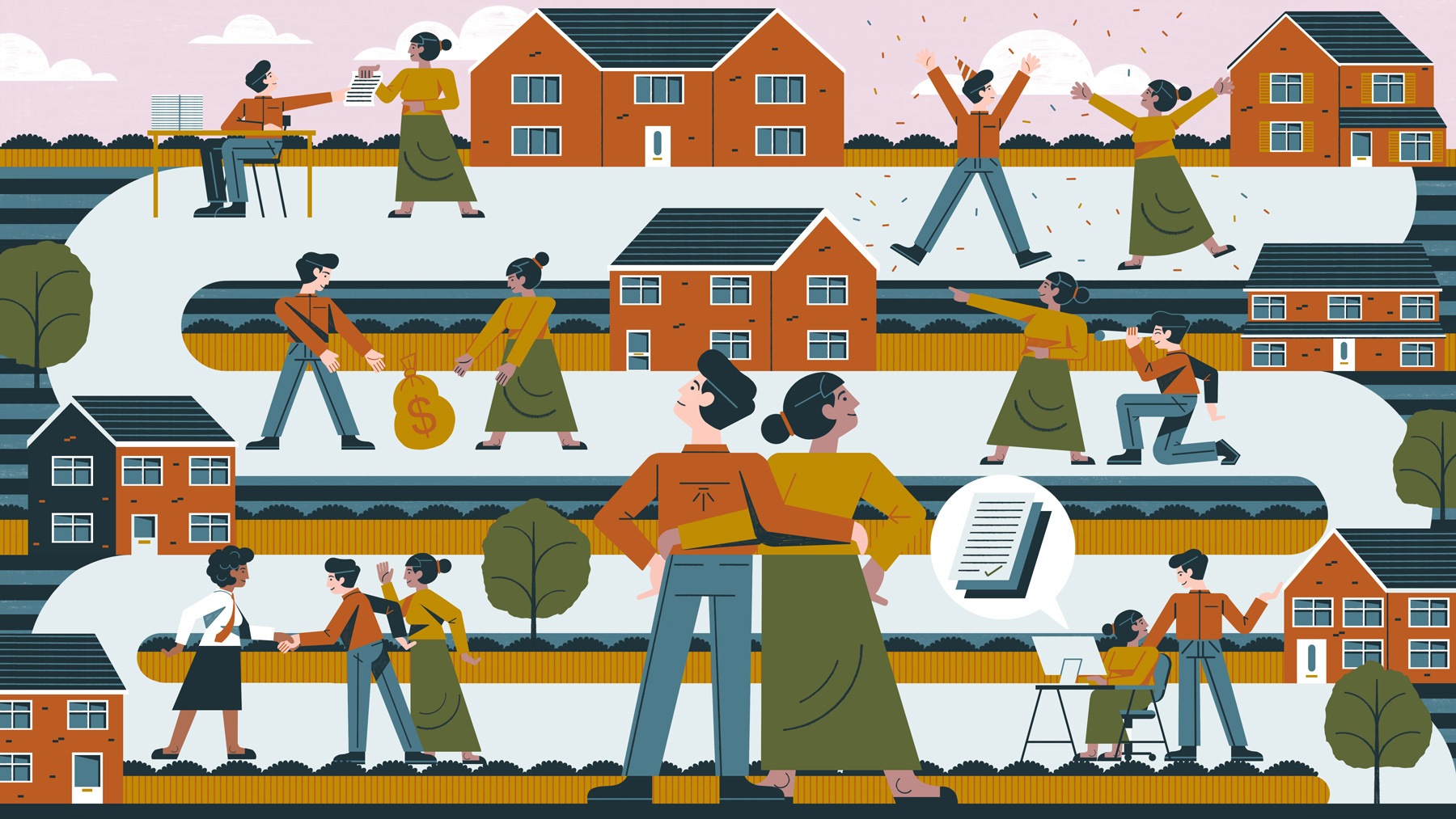 Mortgages 2d buildings character conceptual digital editorial finance folioart home illustration people