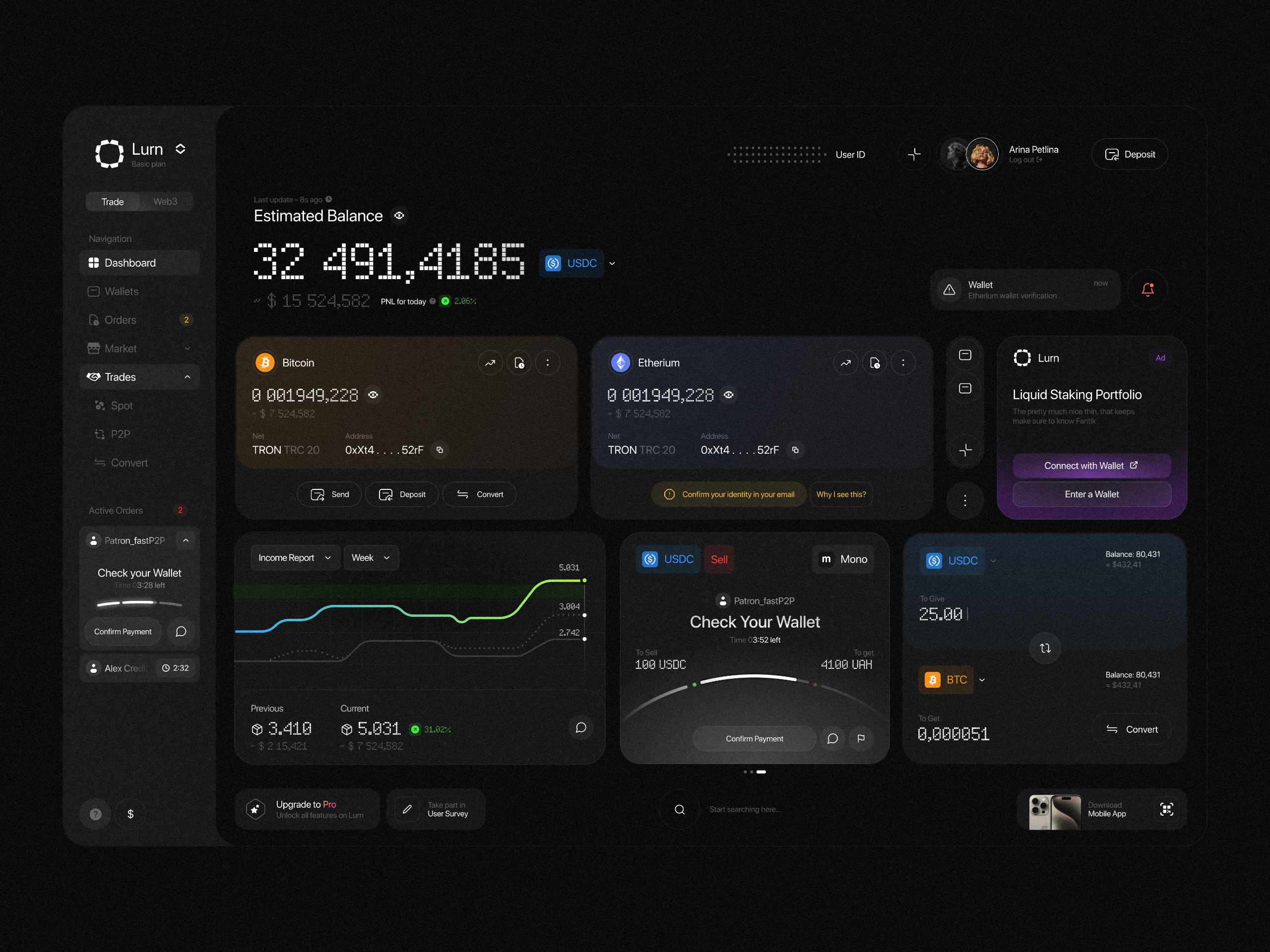 crypto dashboard \ lurn apple application banking binance chart clean crm crypto crypto dashboard darkmode dashboard financial fintech startup stats trading ui ux wallet widget