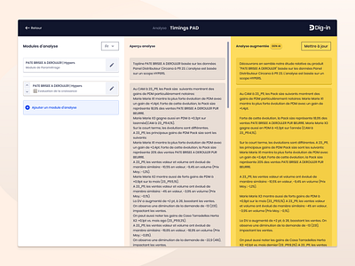 Dig-in product analysis screen 3 columns content desktop screen edit modules product design ui