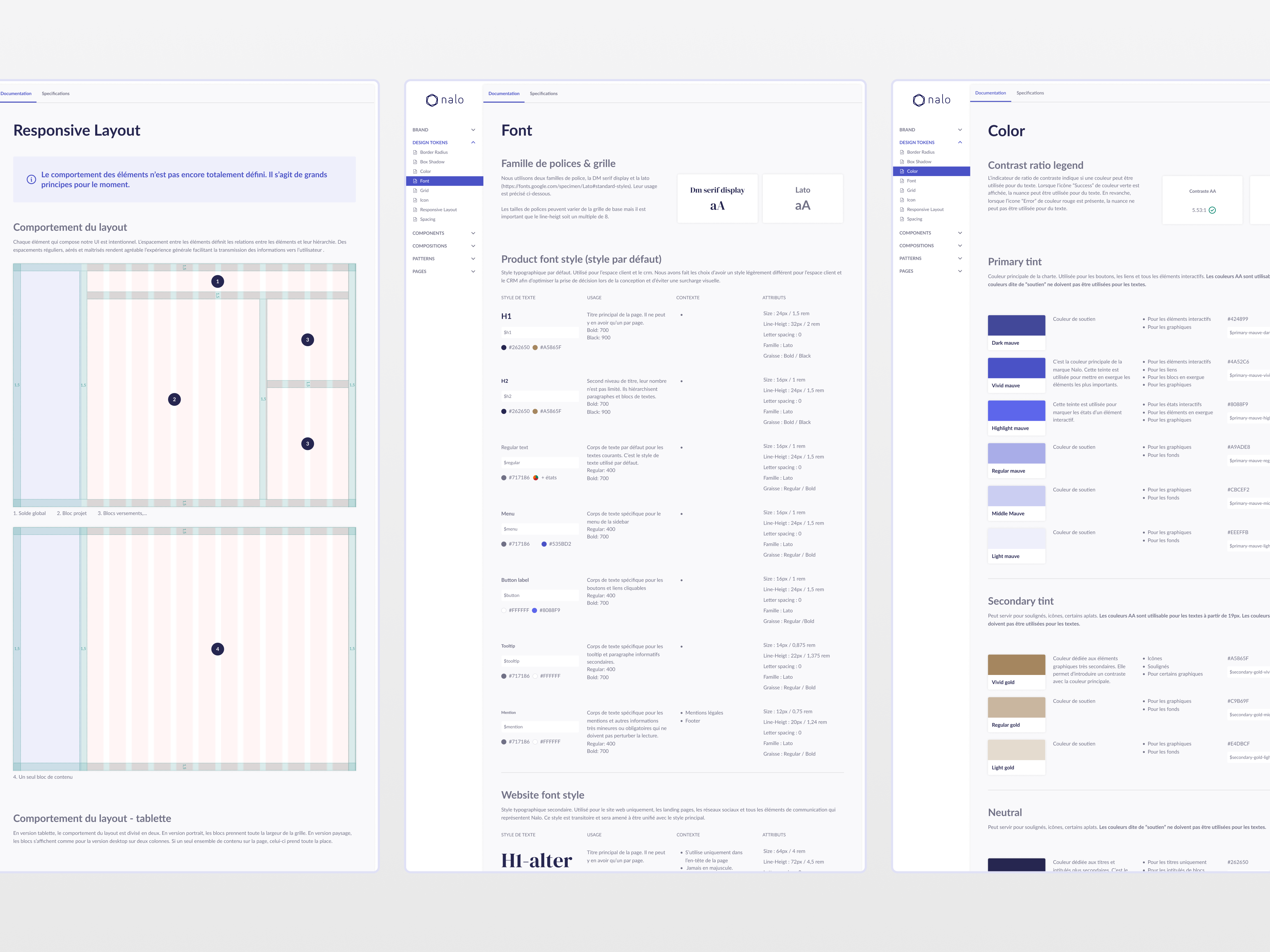 Nalo design documentation color design documentation design specs font grid product design storybook ui