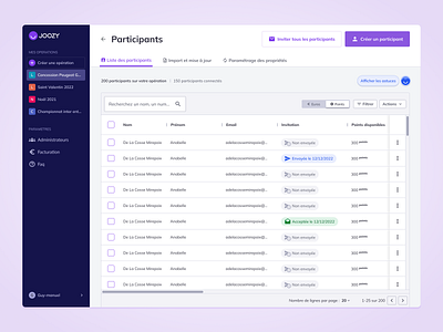 Joozy List of attendees add new attedies filter list sort table ui