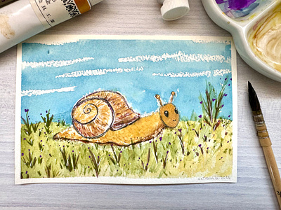 Escargot 🐌 - L'alphabet de mon jardin 2024 alphabet art contemplation cute cute art escargot garden golden gouache green illustration insect natasha gonzalez poetic postcard shell slow snail traditional traditional artist