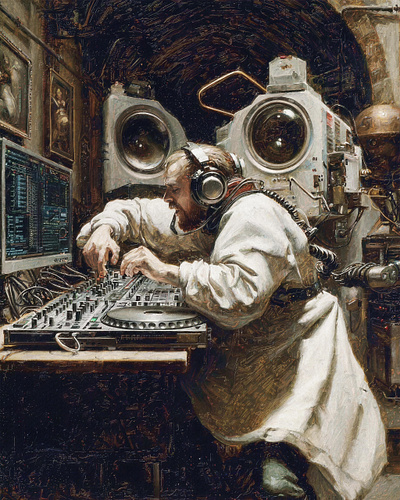 Possible footage of the world's first DJ ai baroque composition dall e details digital art dj futurism imagination innovation inventor midjourney music photoshop preparation print quality renaissance stable diffusion upscaling