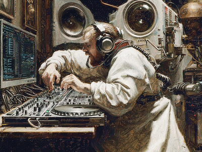 Possible footage of the world's first DJ ai baroque composition dall e details digital art dj futurism imagination innovation inventor midjourney music photoshop preparation print quality renaissance stable diffusion upscaling