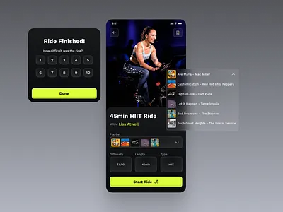 Exercise Bike App app biking design exercise figma graphic design icon illustration music neon ride ui ux