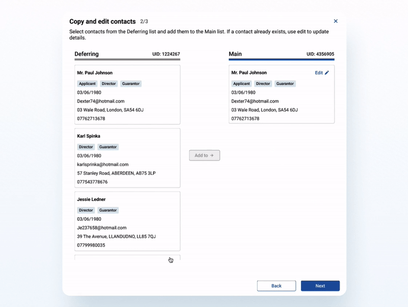 Update contact list application architecture design bank contact copy finance form interactive list loan personal product design prototype uiux user experience website website design