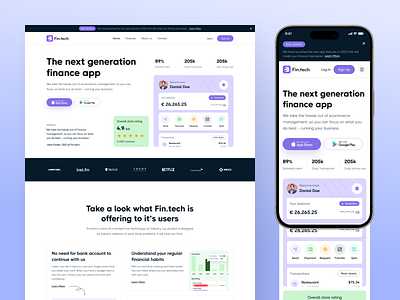 Fin.tech - Finance App Landing Page app clean currency finance header homepage landing mangement mobile modern ui ux web design