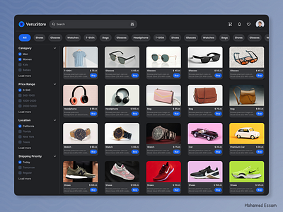 VersaStore: Dark Mode E-Commerce bag card category dark mode e commerce glasses headphone price range product shoes store ui user interface ux watch web web design