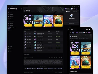 Bookmaker.xyz: Casino games app betting bookmaker casino contest crypto dark decentralized design desktop gambling game interface mobile modern neon sports ui ux web