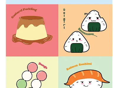 Custard, Onigiri, Dango, and Sashimi Doodles adobe illustrator custard dango doodle face food food doodle graphic design japanese food logo onigiri sashimi