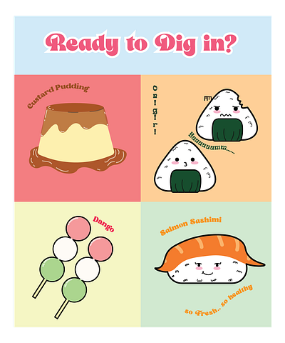 Custard, Onigiri, Dango, and Sashimi Doodles adobe illustrator custard dango doodle face food food doodle graphic design japanese food logo onigiri sashimi