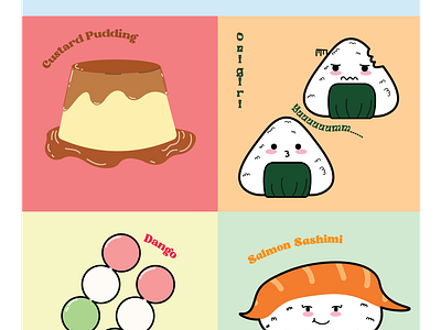 Custard, Onigiri, Dango, and Sashimi Doodles adobe illustrator custard dango doodle face food food doodle graphic design japanese food logo onigiri sashimi