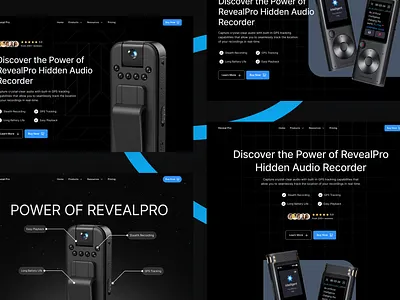 Dark Mode Hero Sections branding clean design design e commerce website design functional graphic design hero sections hidden audio recorder intuitive landing page landing page design mobileapp modern e commerce uiux reveal pro ui ui design web design website design