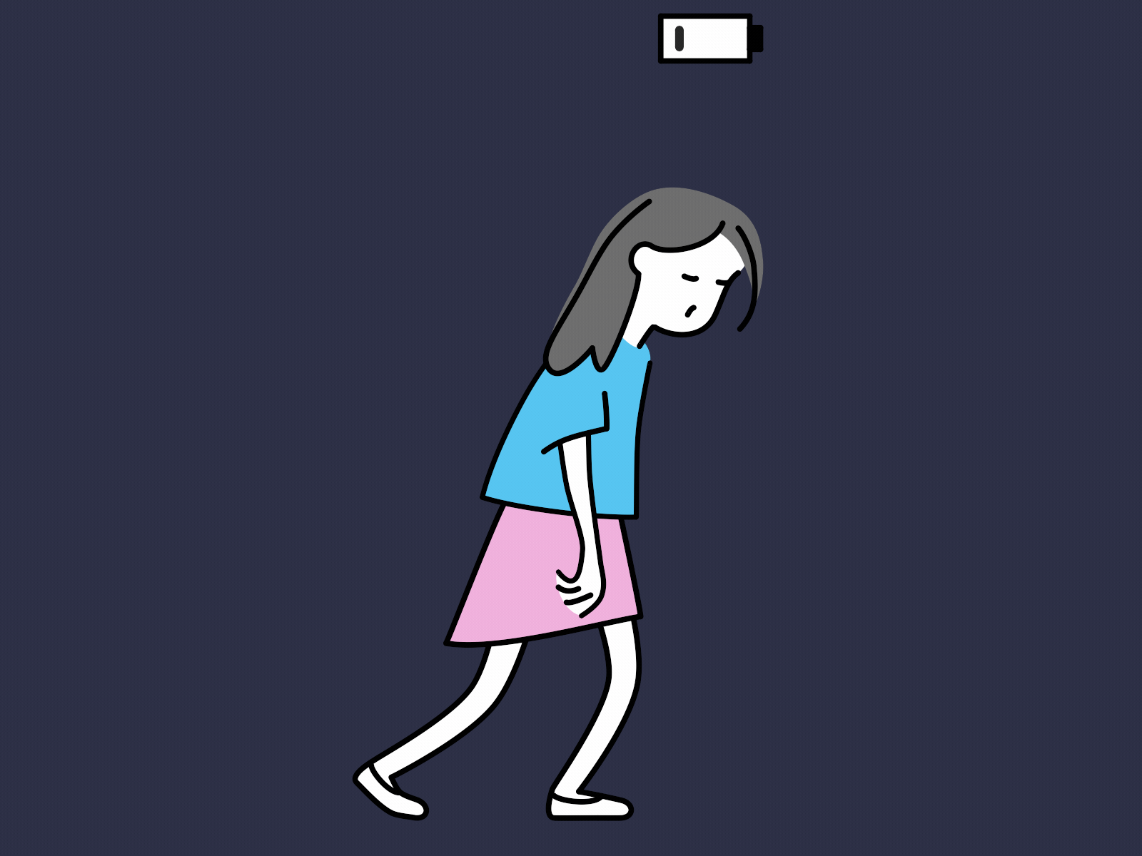 Weary woman struggling to stay awake 2d animation battery low burnout exhausted fatigue illustration loop low energy moho motion graphics no energy overworked sleep deprived sleepy tired employee tired woman walk cycle woman work stress