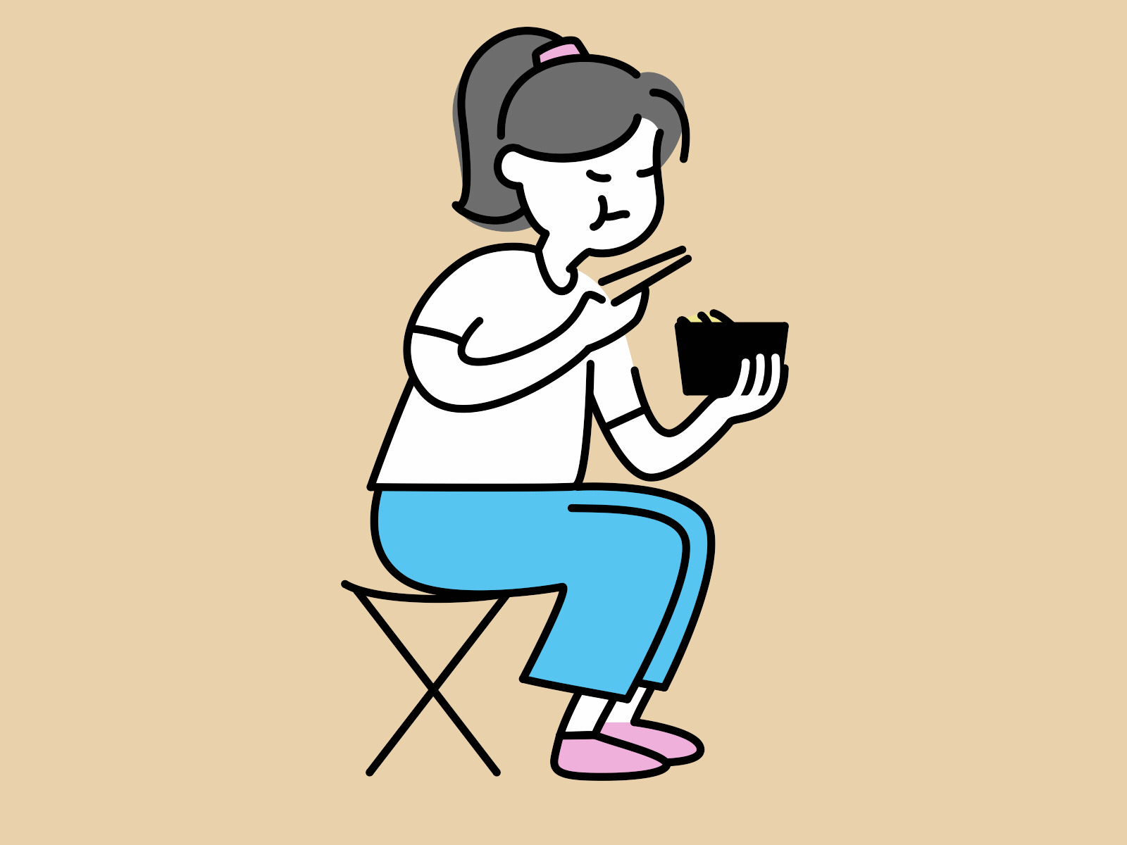 Young woman eating noodles with chopsticks 2d animation break chinese food comfort food dinner fast food food gif illustration japanese food lunch moho noodles ramen sitting snacking takeout woman woman eating