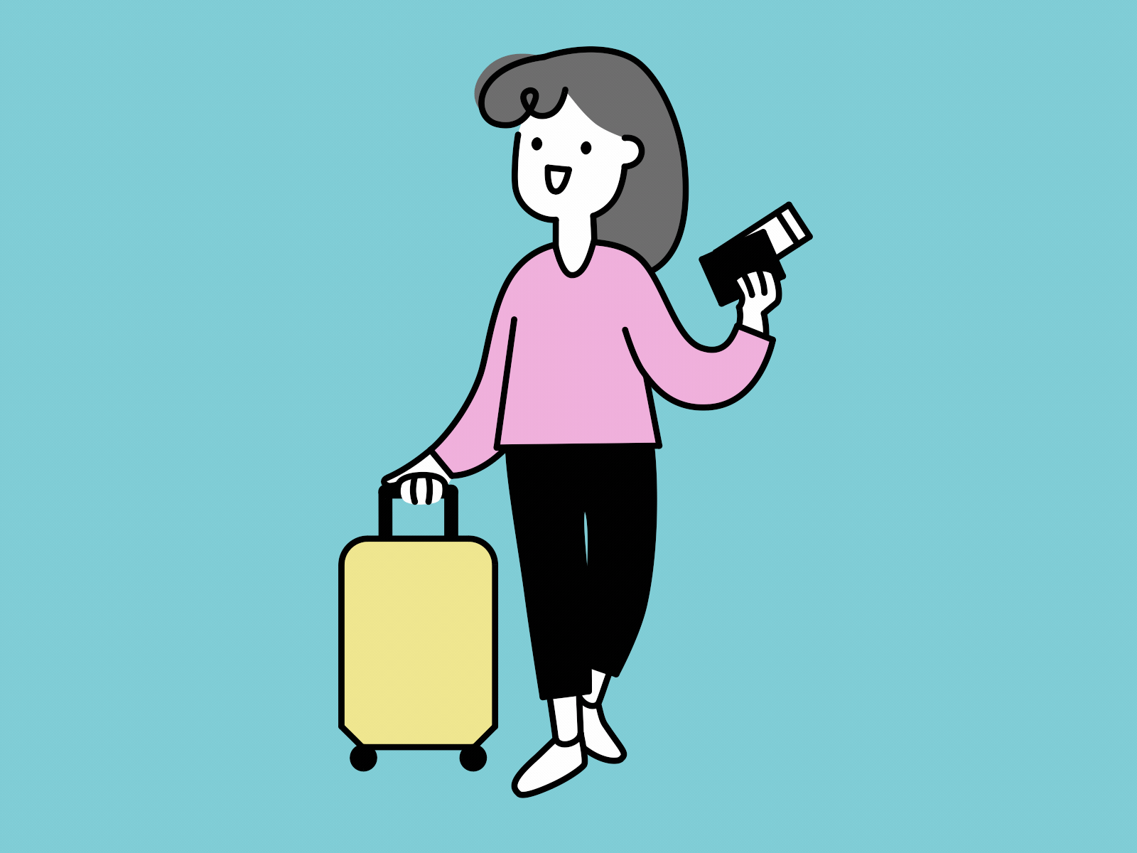 Young woman with a suitcase and tickets going on a trip 2d animation baggage happy illustration journey lifestyle luggage motion graphics passport suitcase tickets tourism travel traveler trip vacation walk cycle walking young woman